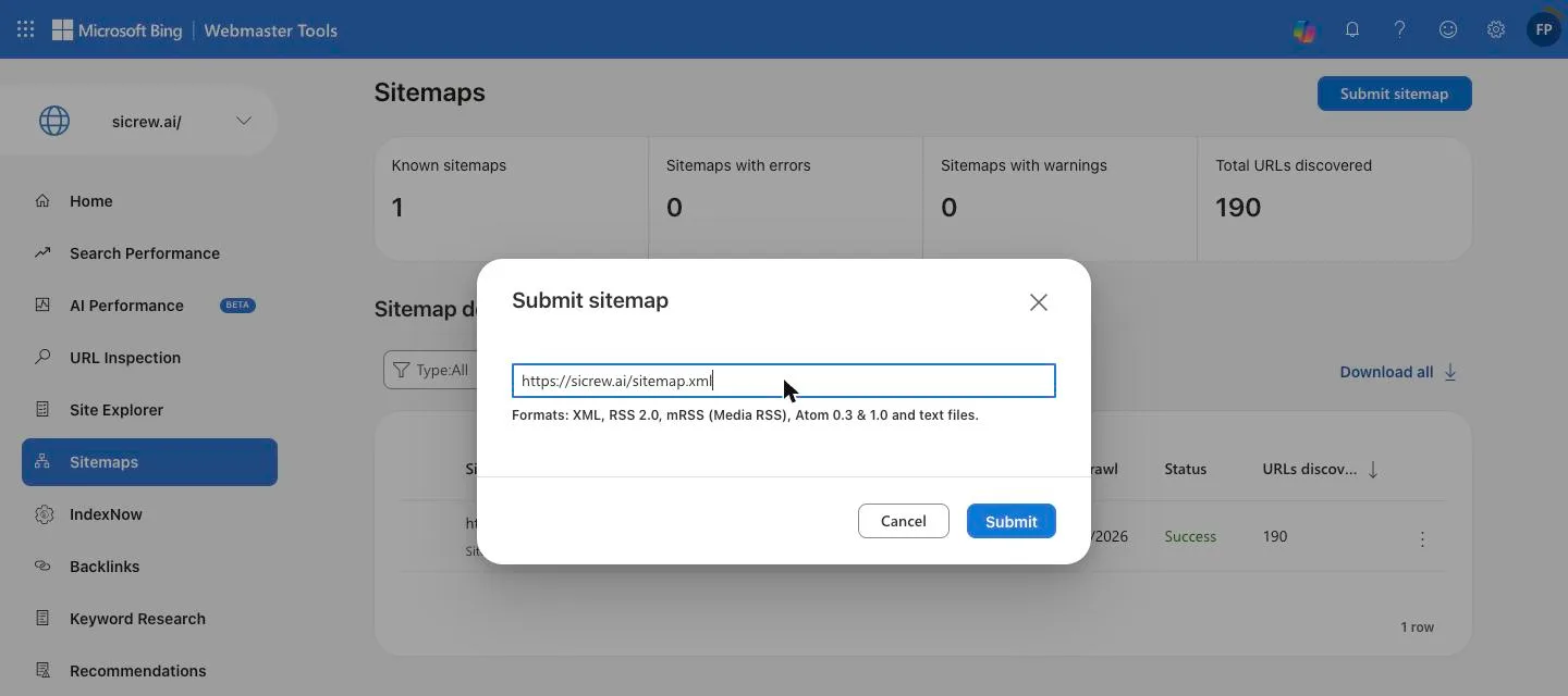 Bing → Sitemaps → Submit sitemap