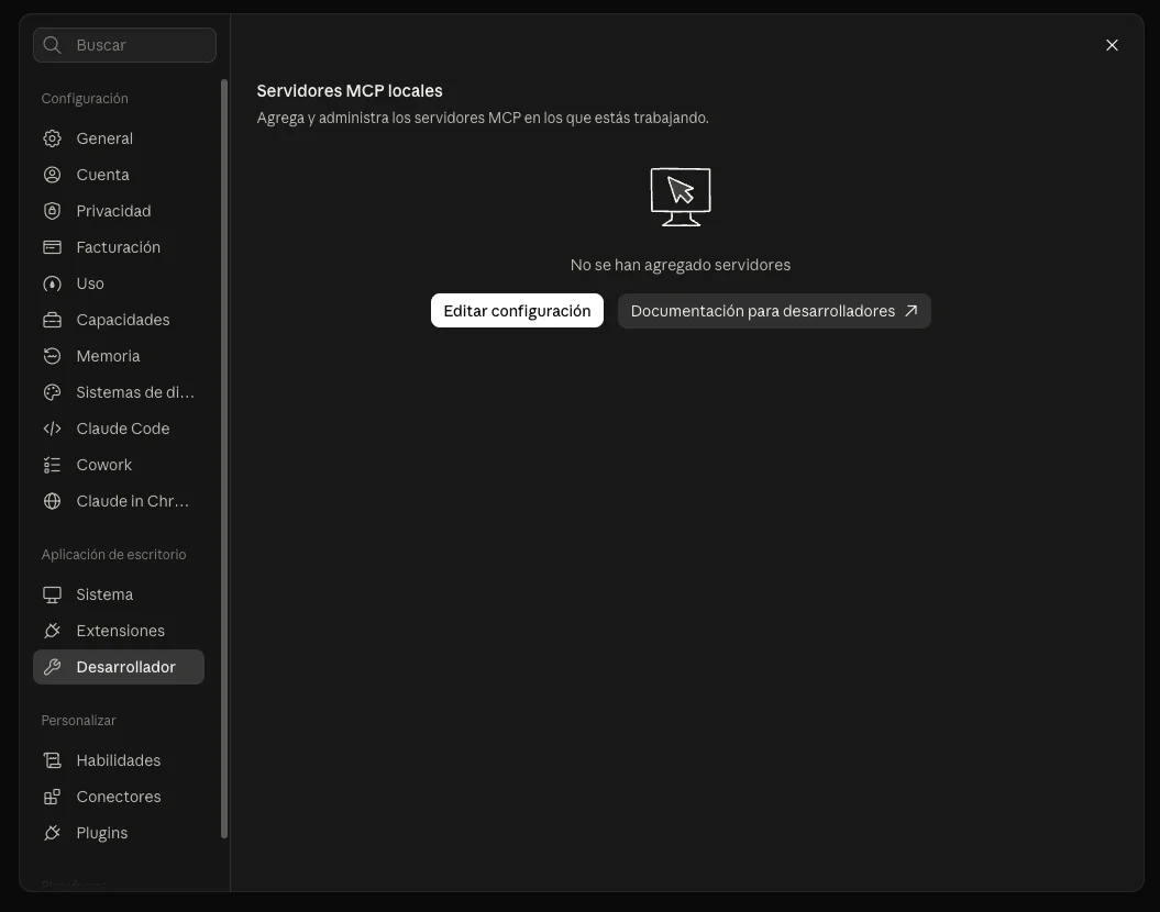 Claude Desktop: Ajustes, Desarrollador, Editar configuración