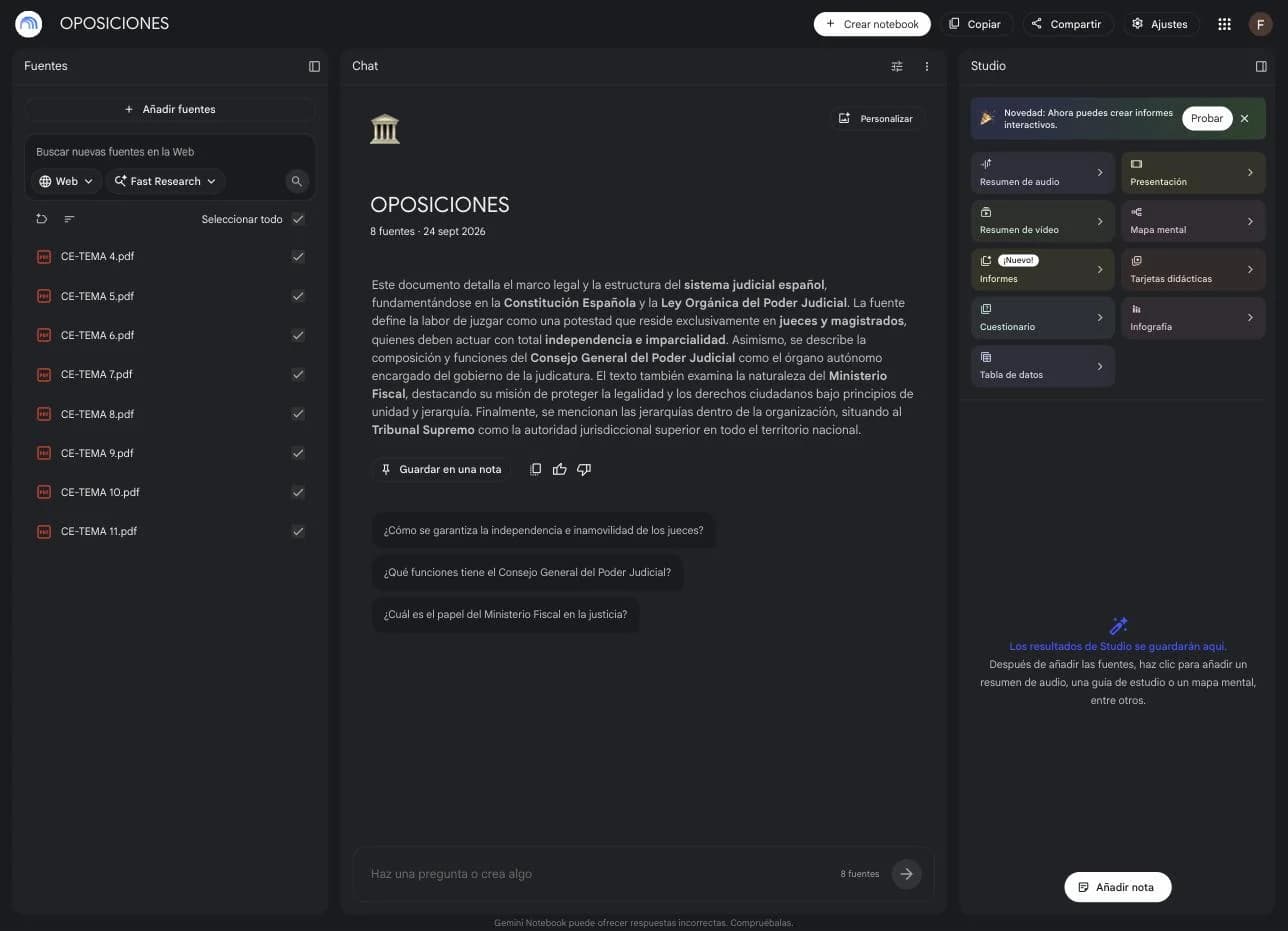 El cuaderno con los temas como fuentes