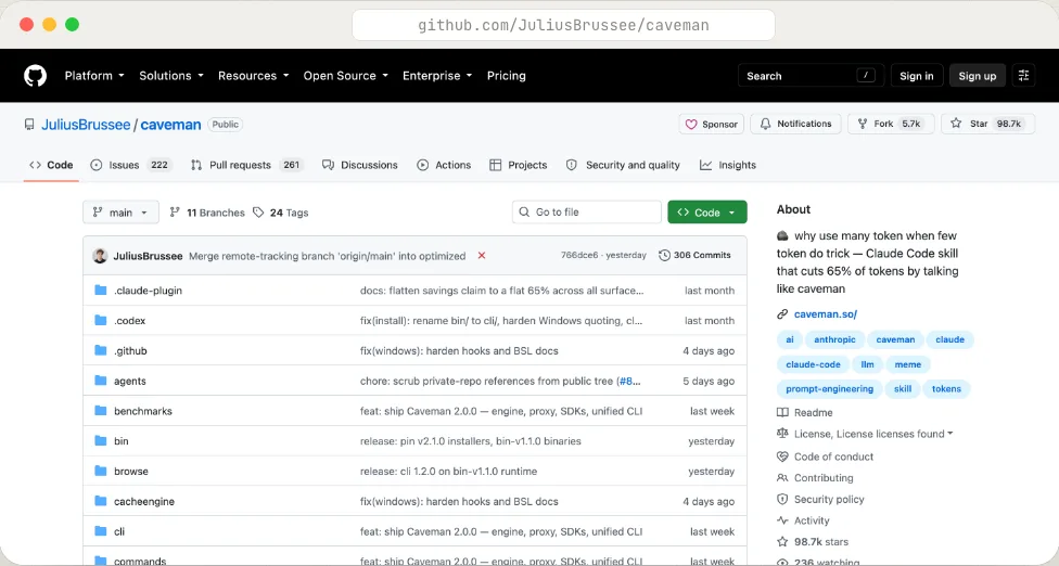 github.com/JuliusBrussee/caveman · más de 98.000 estrellas