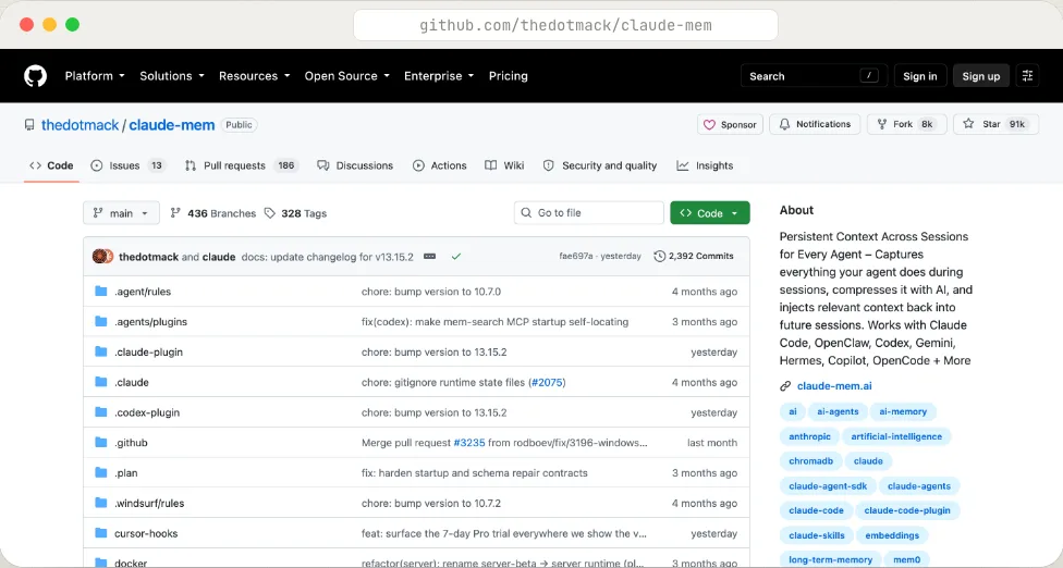 github.com/thedotmack/claude-mem · más de 90.000 estrellas