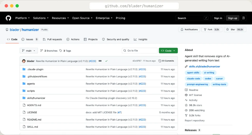 github.com/blader/humanizer · más de 36.000 estrellas