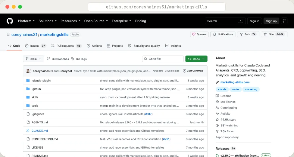 github.com/coreyhaines31/marketingskills · más de 44.000 estrellas