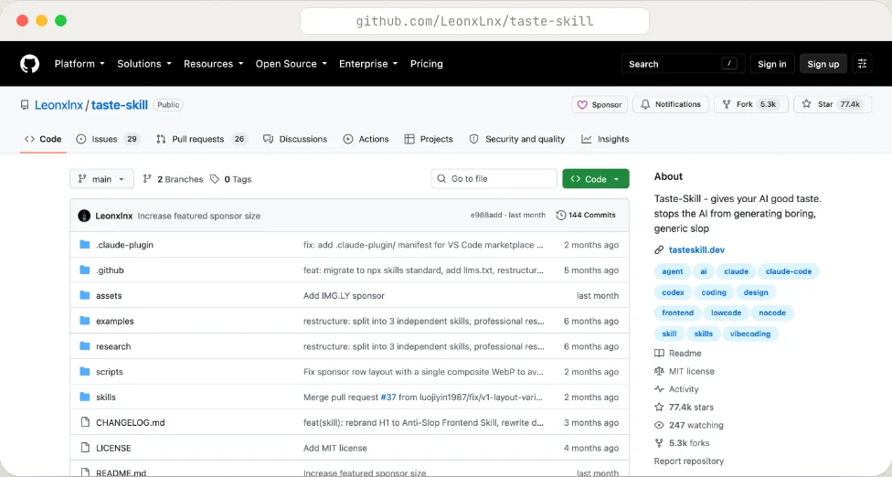 github.com/Leonxlnx/taste-skill · más de 77.000 estrellas
